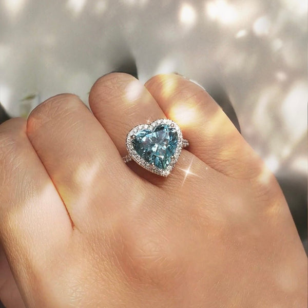 Shop Aquamarine Heart Shape Diamond Halo Setting Ring in 18K Solid
