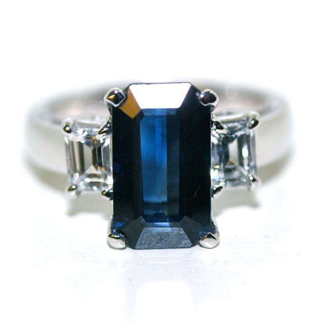 Blue Sapphire Emerald Cut  Engagement Ring set in 18K White Gold