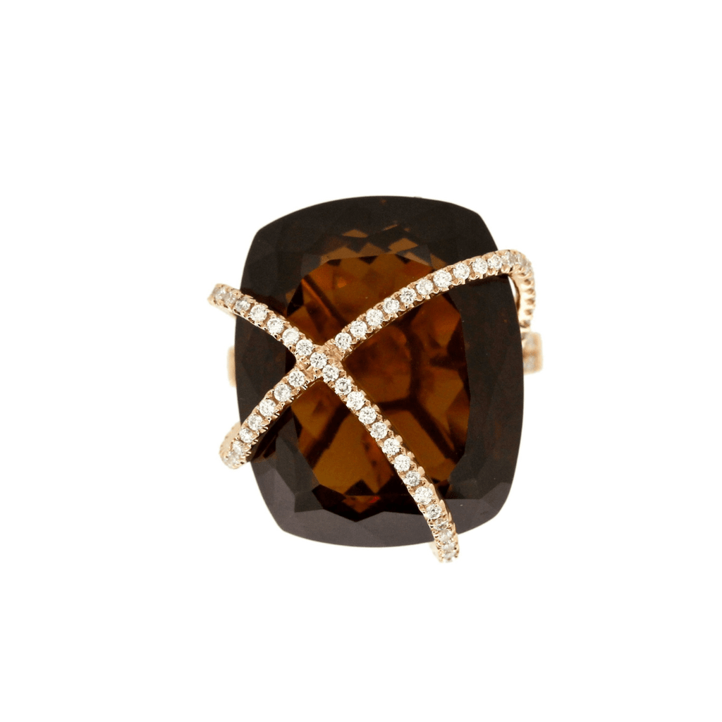 Criss Cross Cushion Cut Champagne Quartz with Diamond Ring - Kura Jewellery