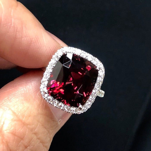 Red Garnet and Halo Diamonds Ring in 18K White Gold