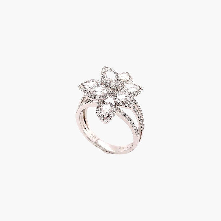 Flower Rose Cut Diamond Ring in 18K White Gold