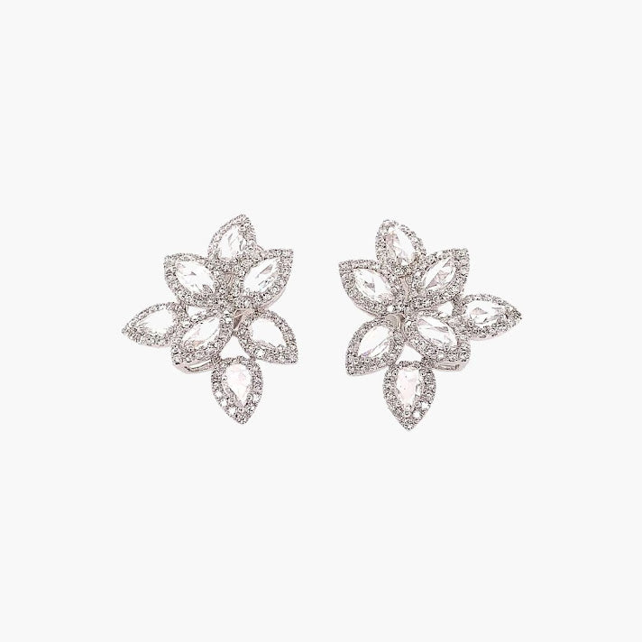 Flower Rose Cut Diamond Earrings in 18K White Gold