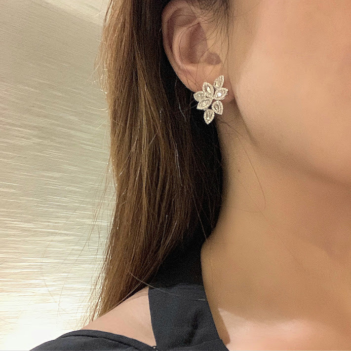 Flower Rose Cut Diamond Earrings in 18K White Gold