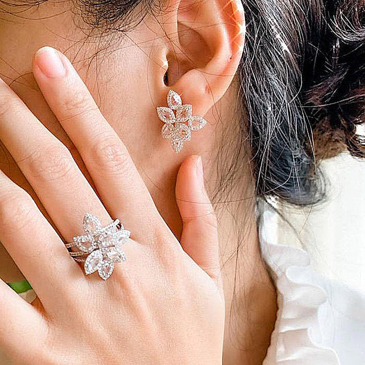 Flower Rose Cut Diamond Earrings in 18K White Gold