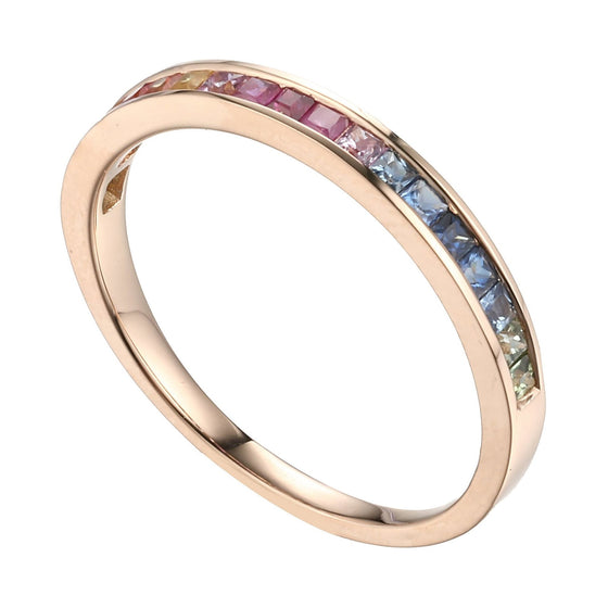 Rainbow Sapphire Channel Set Half Eternity Ring in 18K Yellow Gold - Kura Jewellery