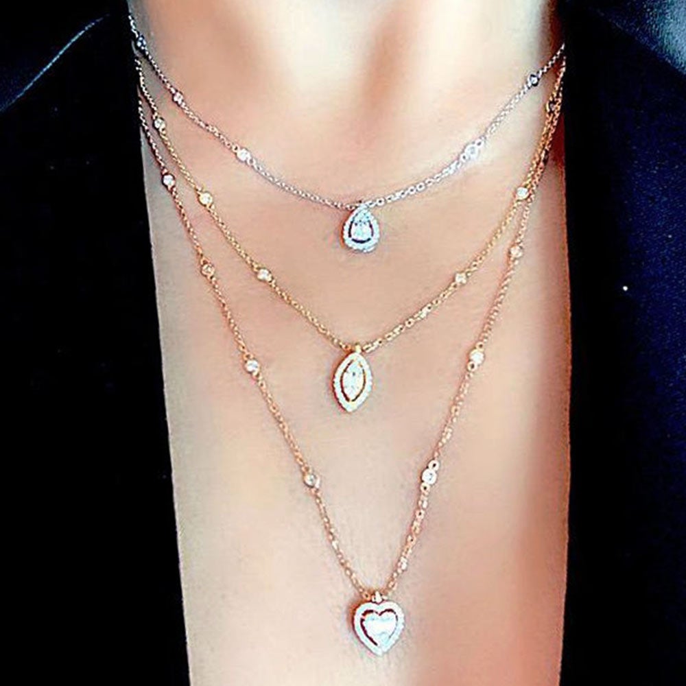Amrita Three-Layer Baguette Diamond Necklace Set in 3 Color 18K Gold - Kura Jewellery