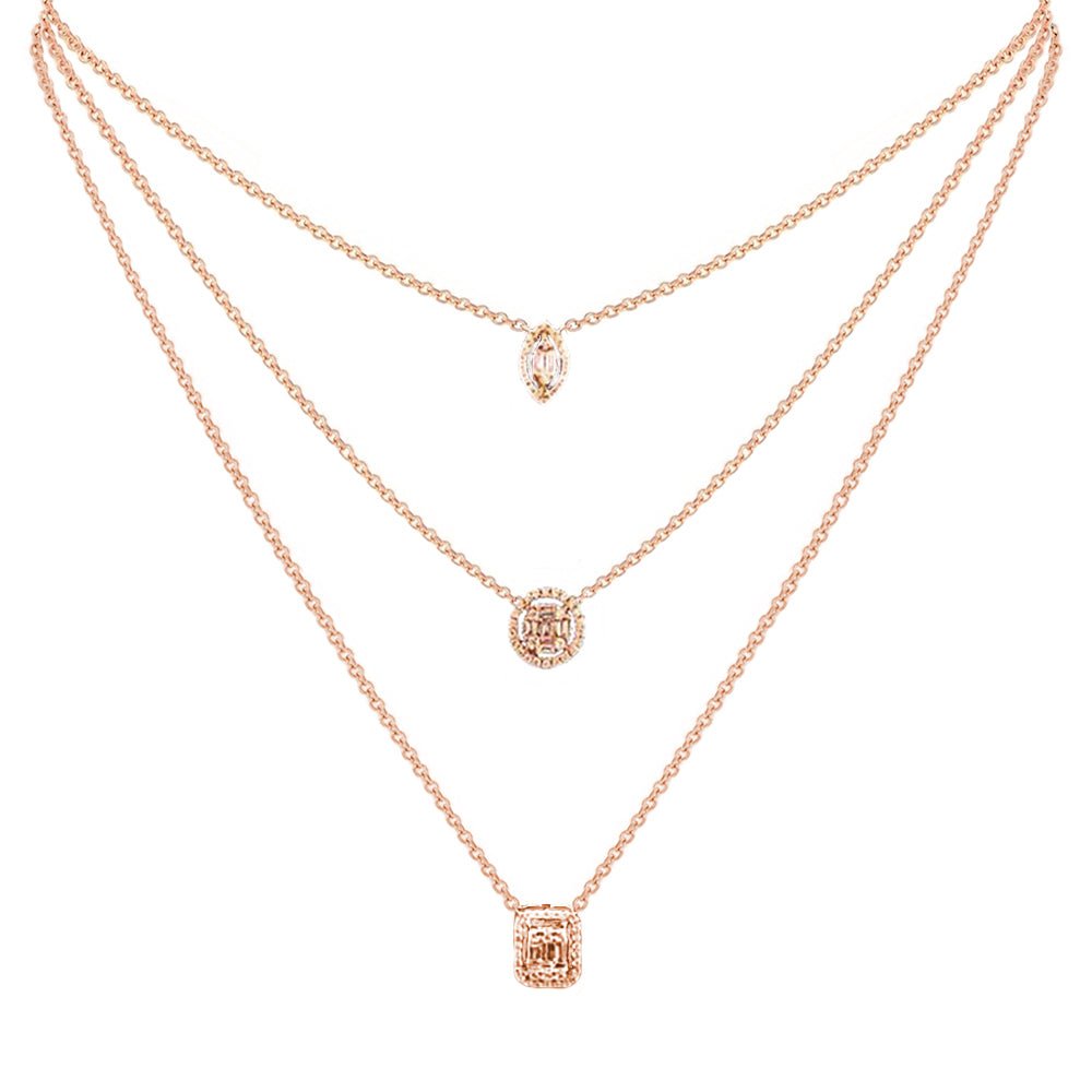 Aria Three-Layer Baguette Diamond Necklace with Marquise, Round, Rectangular Pendants Set in 18K Gold - Kura Jewellery