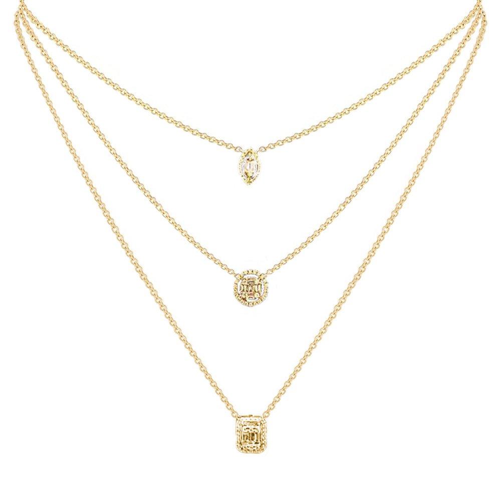 Aria Three-Layer Baguette Diamond Necklace with Marquise, Round, Rectangular Pendants Set in 18K Gold - Kura Jewellery