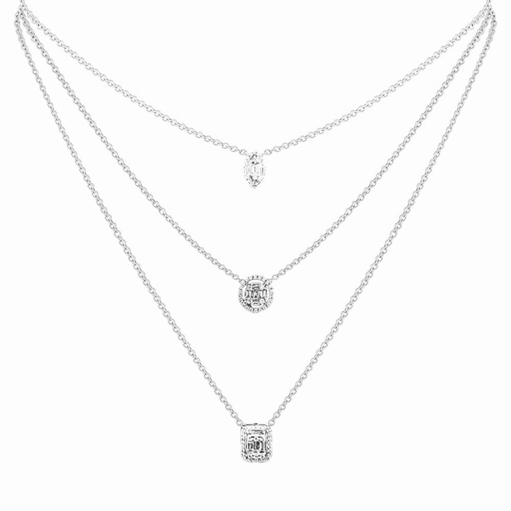 Aria Three-Layer Baguette Diamond Necklace with Marquise, Round,Rectangular Pendants in 18K White Gold - Kura Jewellery