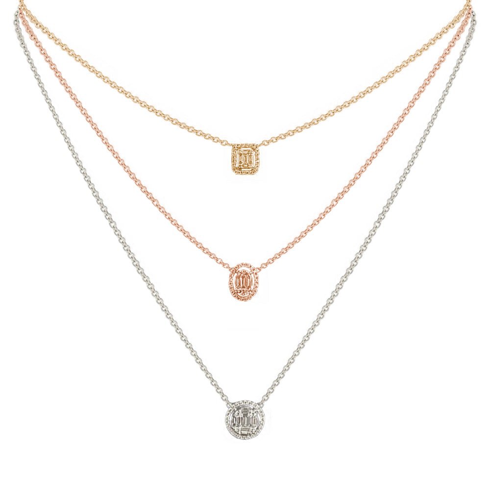 Aria Three-Layer Baguette Diamond Necklace with Rectangle, Oval, and Round Elements Set in 18K Gold - Kura Jewellery