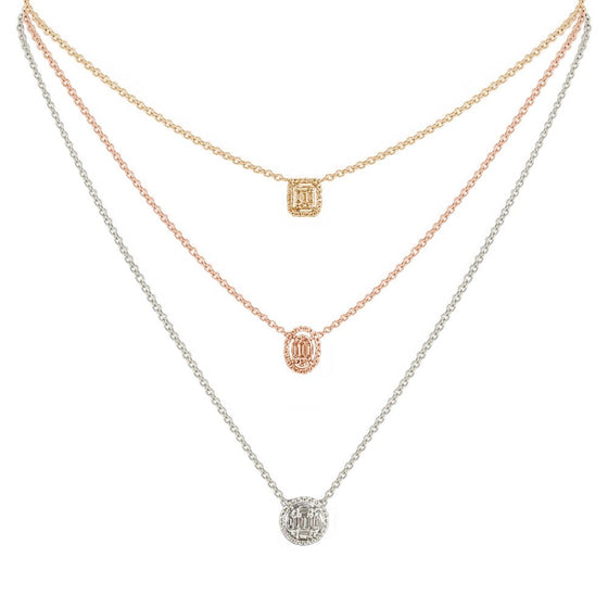 Aria Three-Layer Baguette Diamond Necklace with Rectangle, Oval, and Round Elements Set in 18K Gold - Kura Jewellery