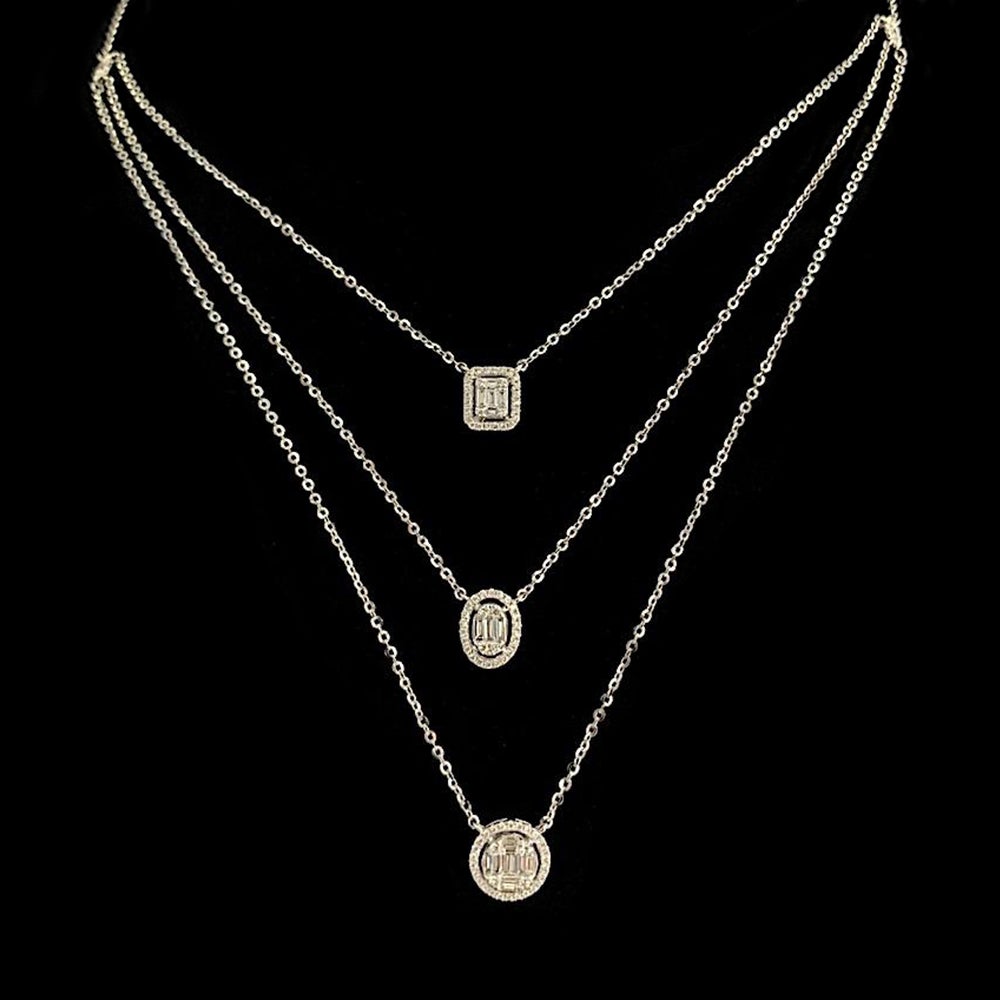 Aria Three-Layer Baguette Diamond Necklace with Rectangle, Oval, and Round Elements Set in 18K White Gold - Kura Jewellery