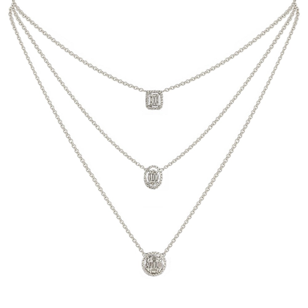 Aria Three-Layer Baguette Diamond Necklace with Rectangle, Oval, and Round Elements Set in 18K White Gold - Kura Jewellery