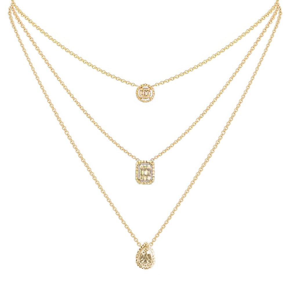 Aria Three-Layer Baguette Diamond Necklace with Round, Rectangle and Pear Shape Elements Set in 18K Gold - Kura Jewellery