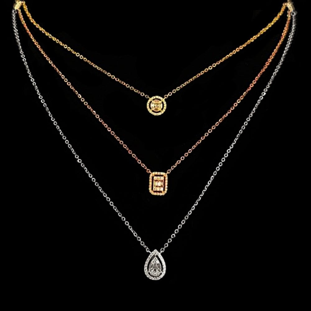 Aria Three-Layer Baguette Diamond Necklace with Round, Rectangle and Pear Shape Elements Set in 3 Color 18K Gold - Kura Jewellery