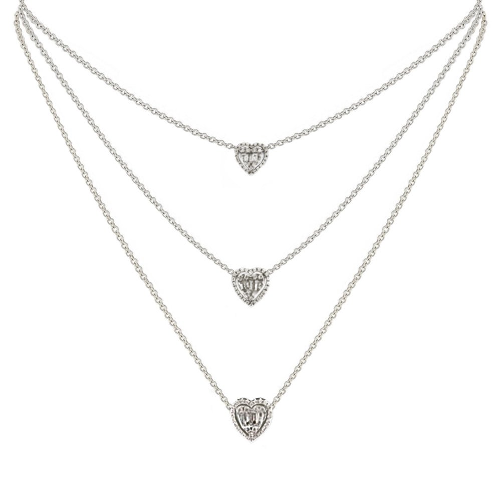 Aria Three-Layer Baguette Diamond Necklace with Triple Hearts Elements Set in 18K Gold - Kura Jewellery