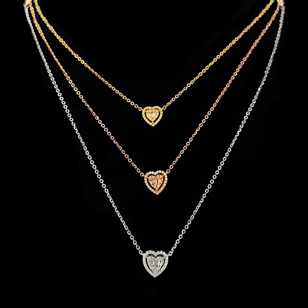 Aria Three-Layer Baguette Diamond Necklace with Triple Hearts Elements Set in 3 Color 18K Gold - Kura Jewellery