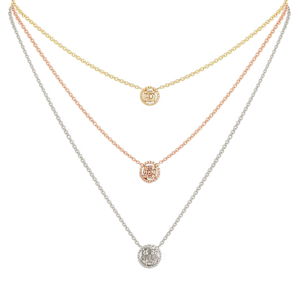 Aria Three-Layer Baguette Diamond Necklace with Triple Round Pendants Set in 18K Gold