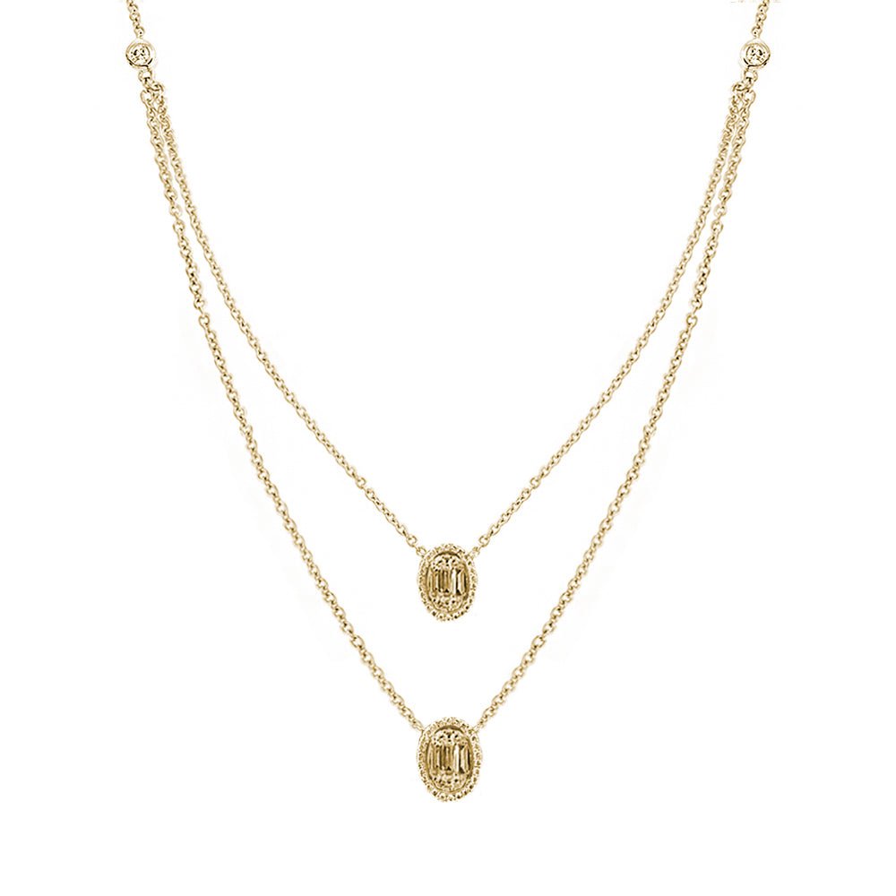 Aria Two-Layer Baguette Diamond Necklace with Double Oval Elements Set in 18K Gold - Kura Jewellery