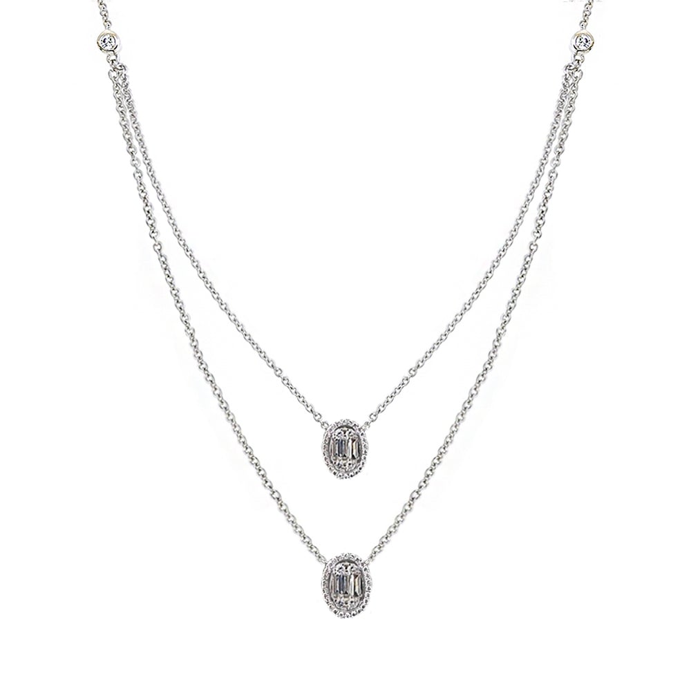 Aria Two-Layer Baguette Diamond Necklace with Double Oval Elements Set in 18K White Gold - Kura Jewellery