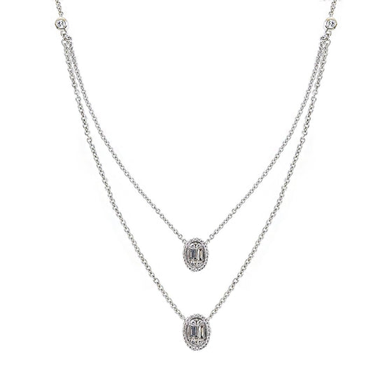 Aria Two-Layer Baguette Diamond Necklace with Double Oval Elements Set in 18K White Gold - Kura Jewellery