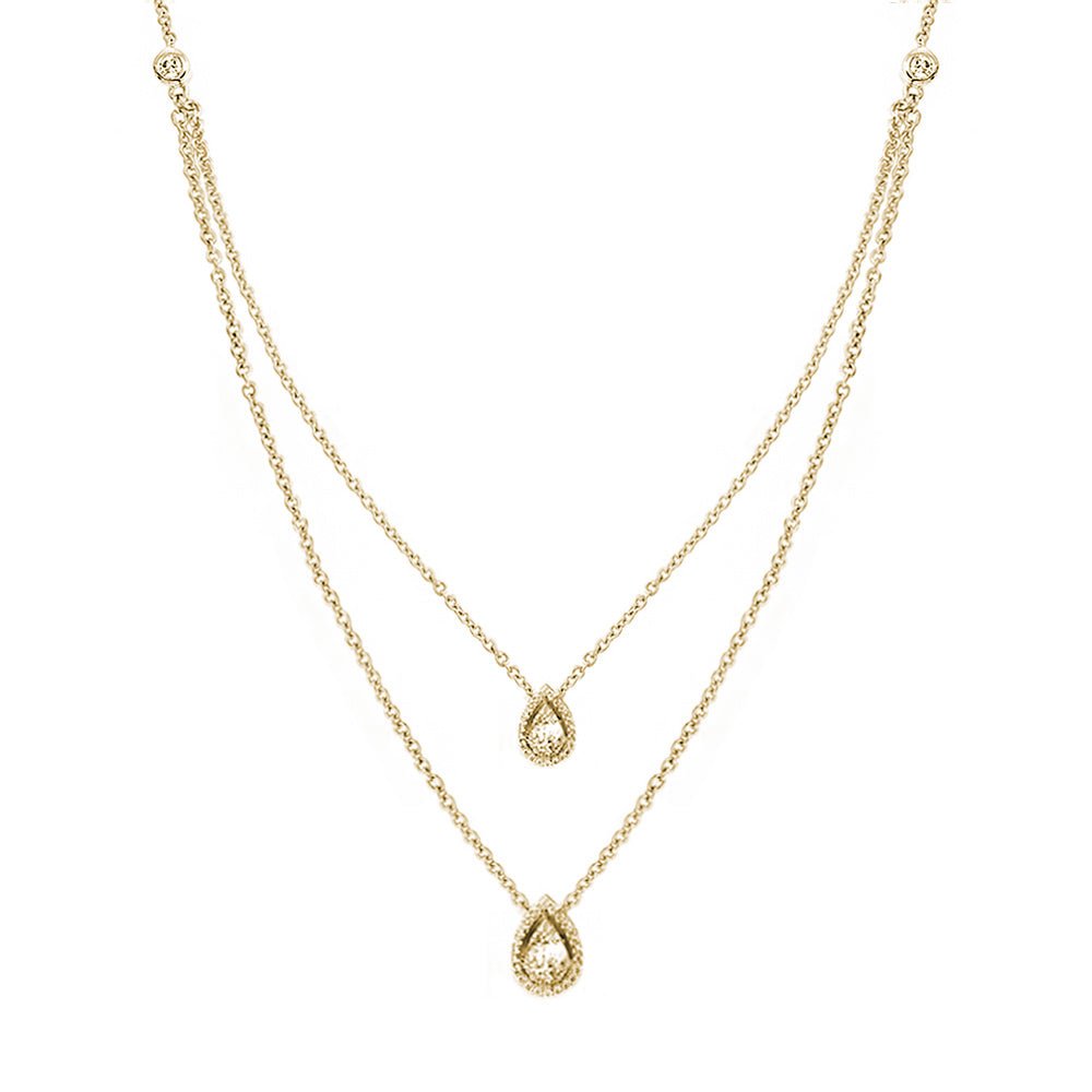 Aria Two-Layer Baguette Diamond Necklace with Double Pear Shape Elements Set in 18K Gold - Kura Jewellery