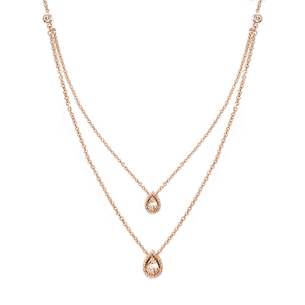 Aria Two-Layer Baguette Diamond Necklace with Double Pear Shape Elements Set in 18K Gold - Kura Jewellery