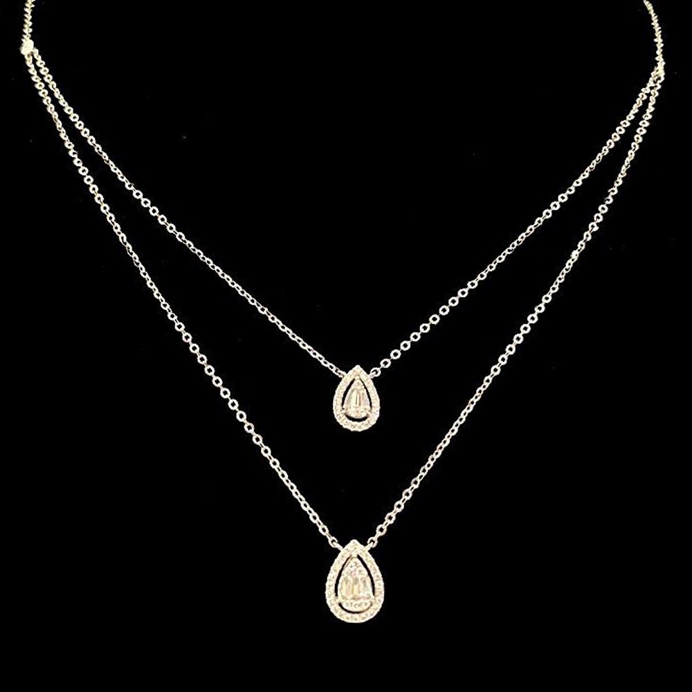 Aria Two-Layer Baguette Diamond Necklace with Double Pear Shape Elements Set in 18K White Gold - Kura Jewellery