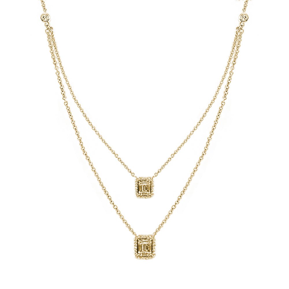 Aria Two-Layer Baguette Diamond Necklace with Double Rectangle Elements Set in 18K Gold - Kura Jewellery