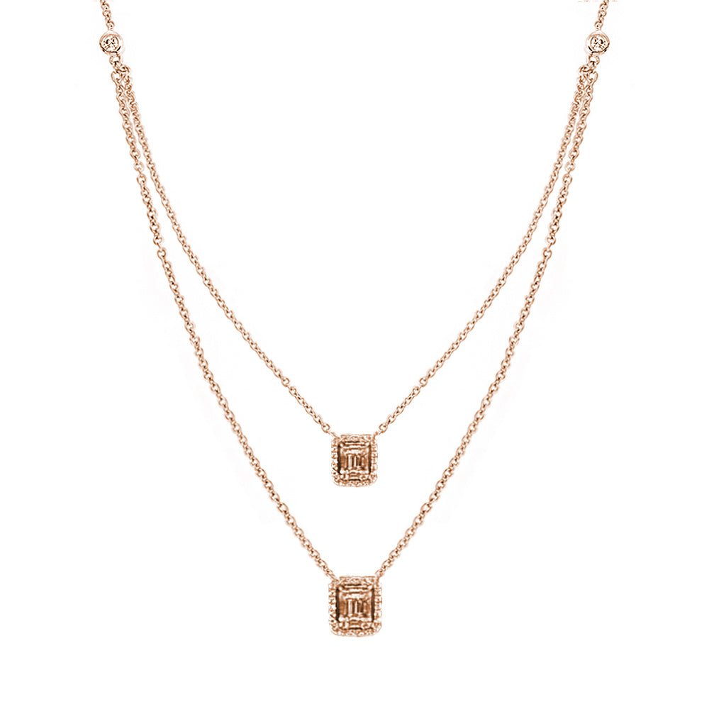 Aria Two-Layer Baguette Diamond Necklace with Double Rectangle Elements Set in 18K Gold - Kura Jewellery