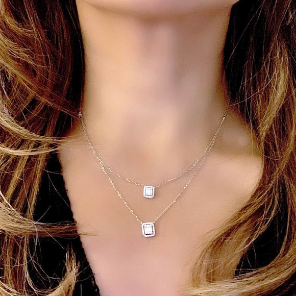 Aria Two-Layer Baguette Diamond Necklace with Double Rectangle Elements Set in 18K White Gold - Kura Jewellery