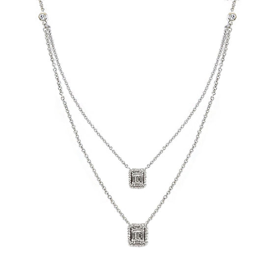 Aria Two-Layer Baguette Diamond Necklace with Double Rectangle Elements Set in 18K White Gold - Kura Jewellery