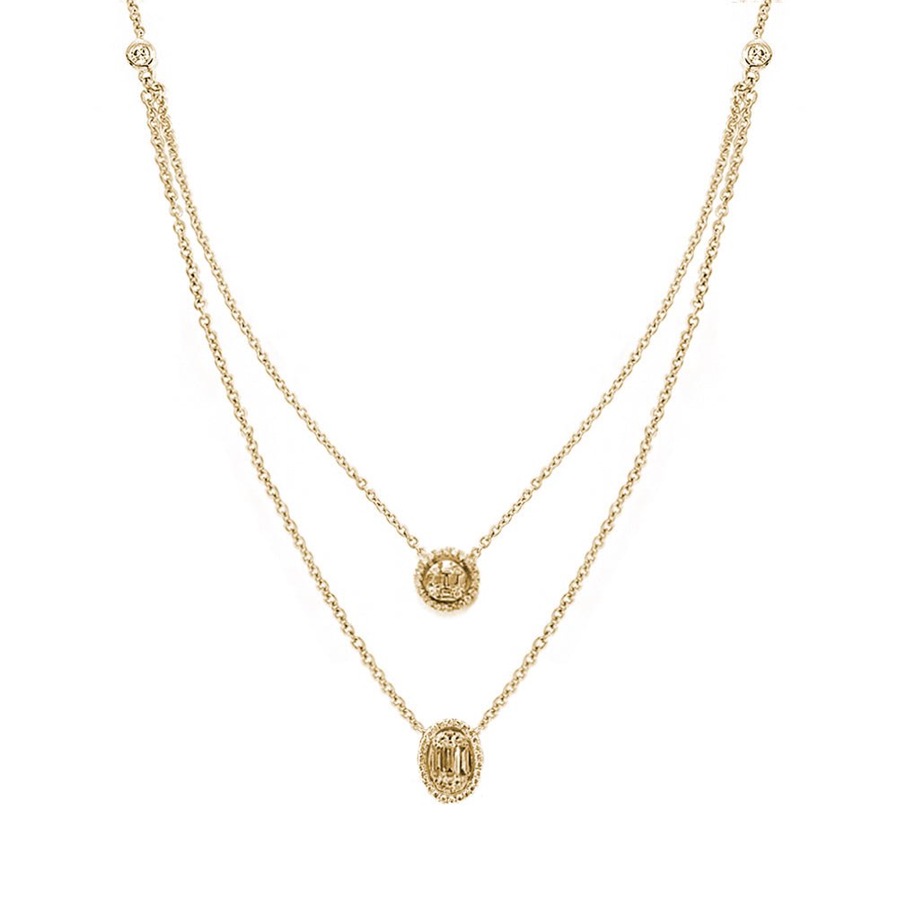 Aria Two-Layer Baguette Diamond Necklace with Round and Oval Elements Set in 18K Gold - Kura Jewellery