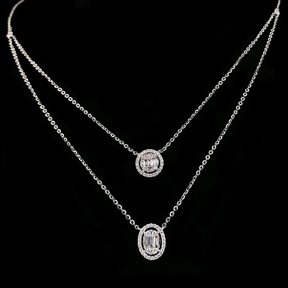 Aria Two-Layer Baguette Diamond Necklace with Round and Oval Elements Set in 18K White Gold - Kura Jewellery
