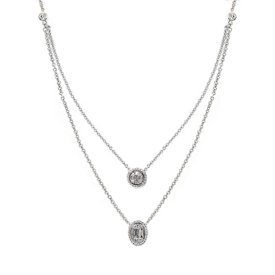 Aria Two-Layer Baguette Diamond Necklace with Round and Oval Elements Set in 18K White Gold - Kura Jewellery