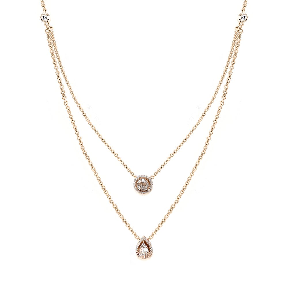 Aria Two-Layer Baguette Diamond Necklace with Round and Pear Shape Elements Set in 18K Gold - Kura Jewellery