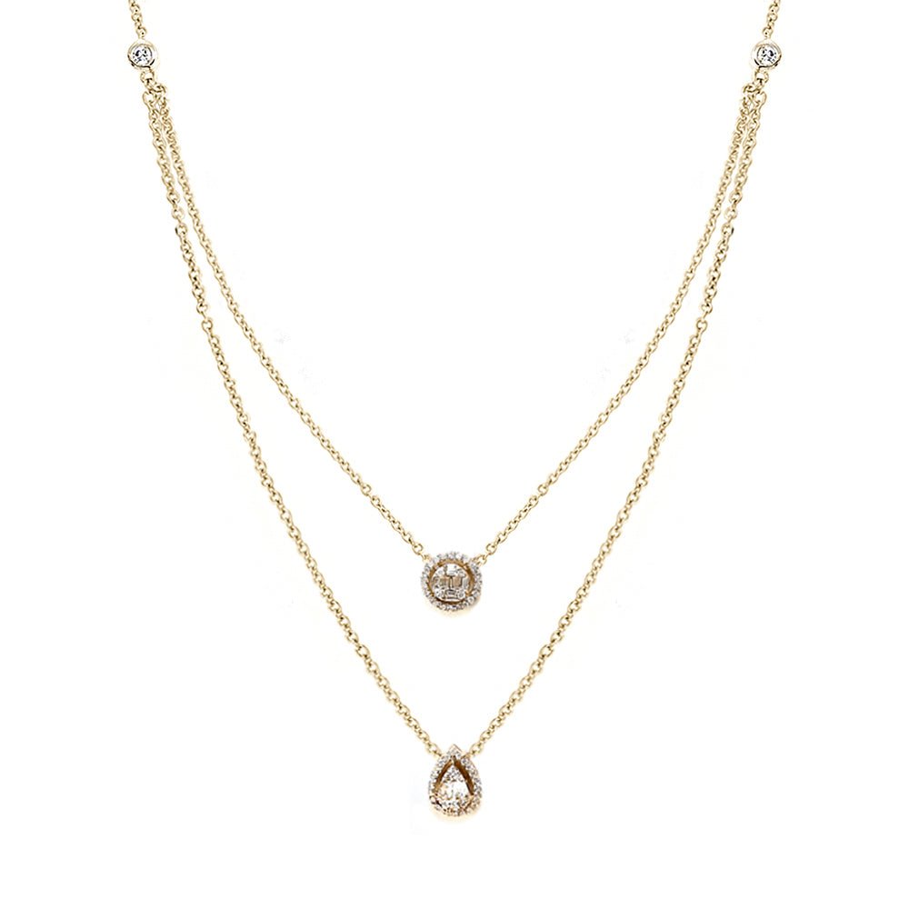 Aria Two-Layer Baguette Diamond Necklace with Round and Pear Shape Elements Set in 18K Gold - Kura Jewellery