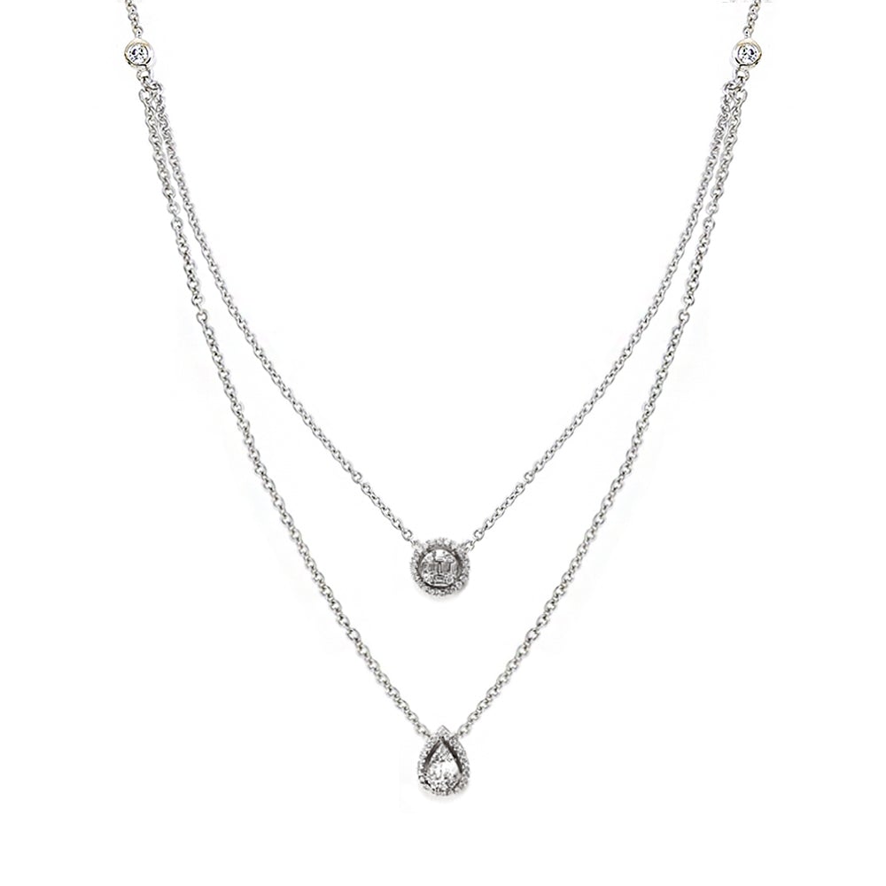 Aria Two-Layer Baguette Diamond Necklace with Round and Pear Shape Elements Set in 18K White Gold - Kura Jewellery