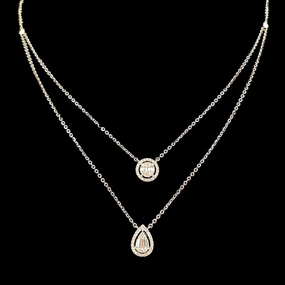 Aria Two-Layer Baguette Diamond Necklace with Round and Pear Shape Elements Set in 18K White Gold - Kura Jewellery