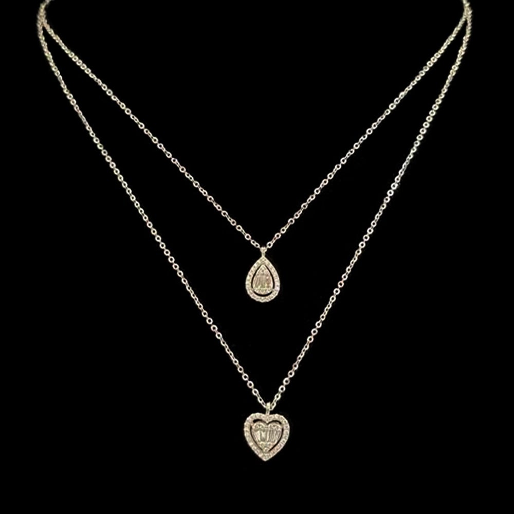 Ava Double Layer Baguette Diamond Necklace with Pear and Heart Shape Pendants Set in 18K White Gold - Kura Jewellery