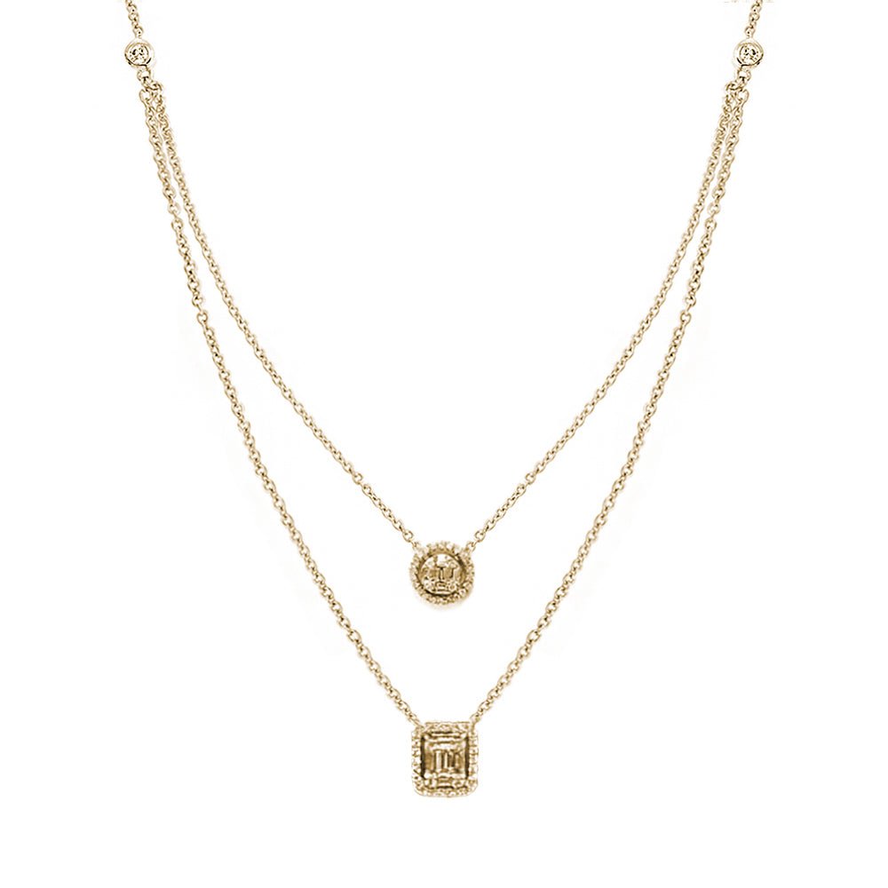 Ava Two-Layer Baguette Diamond Necklace with Round and Rectangle Elements Set in 18K Gold - Kura Jewellery