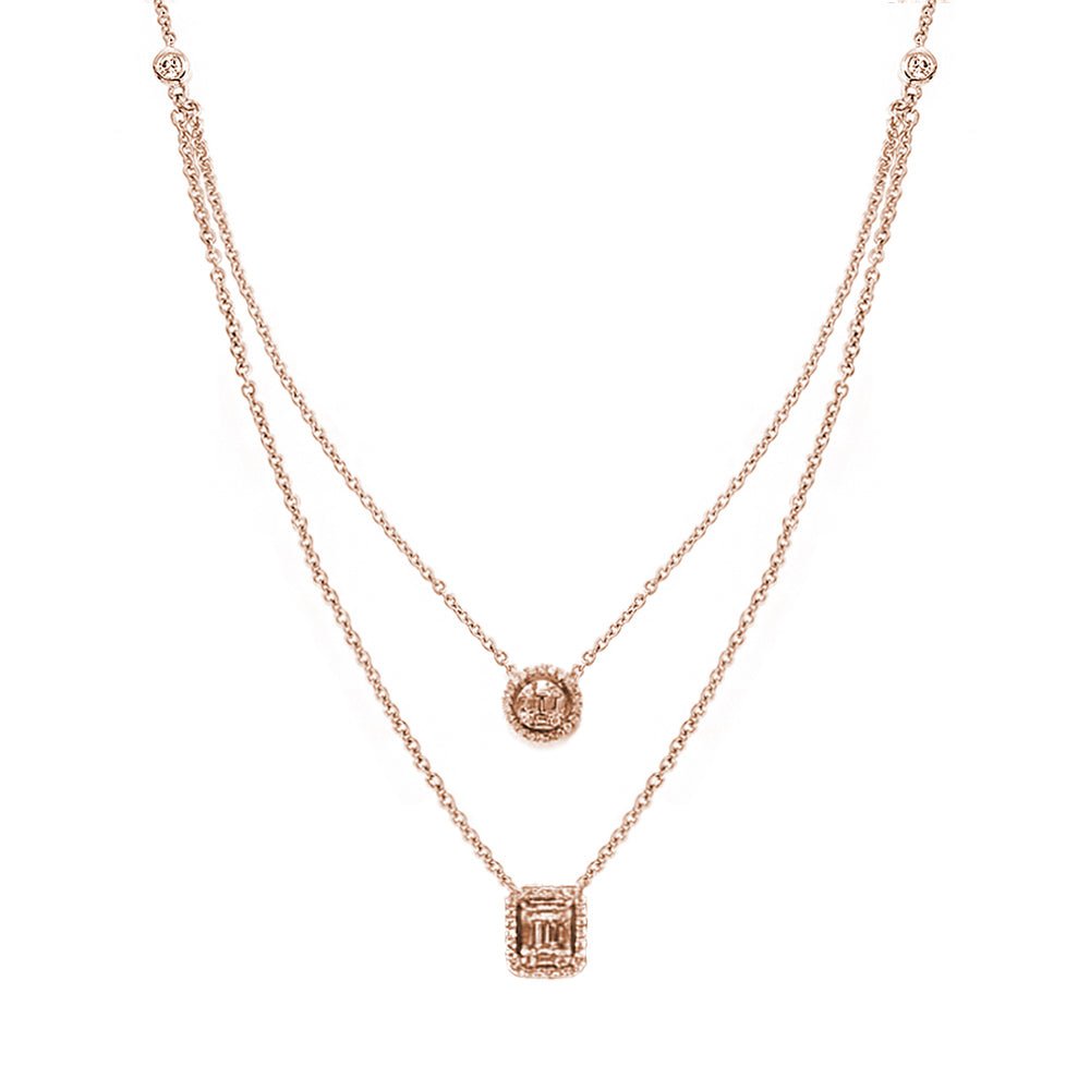 Ava Two-Layer Baguette Diamond Necklace with Round and Rectangle Elements Set in 18K Gold - Kura Jewellery