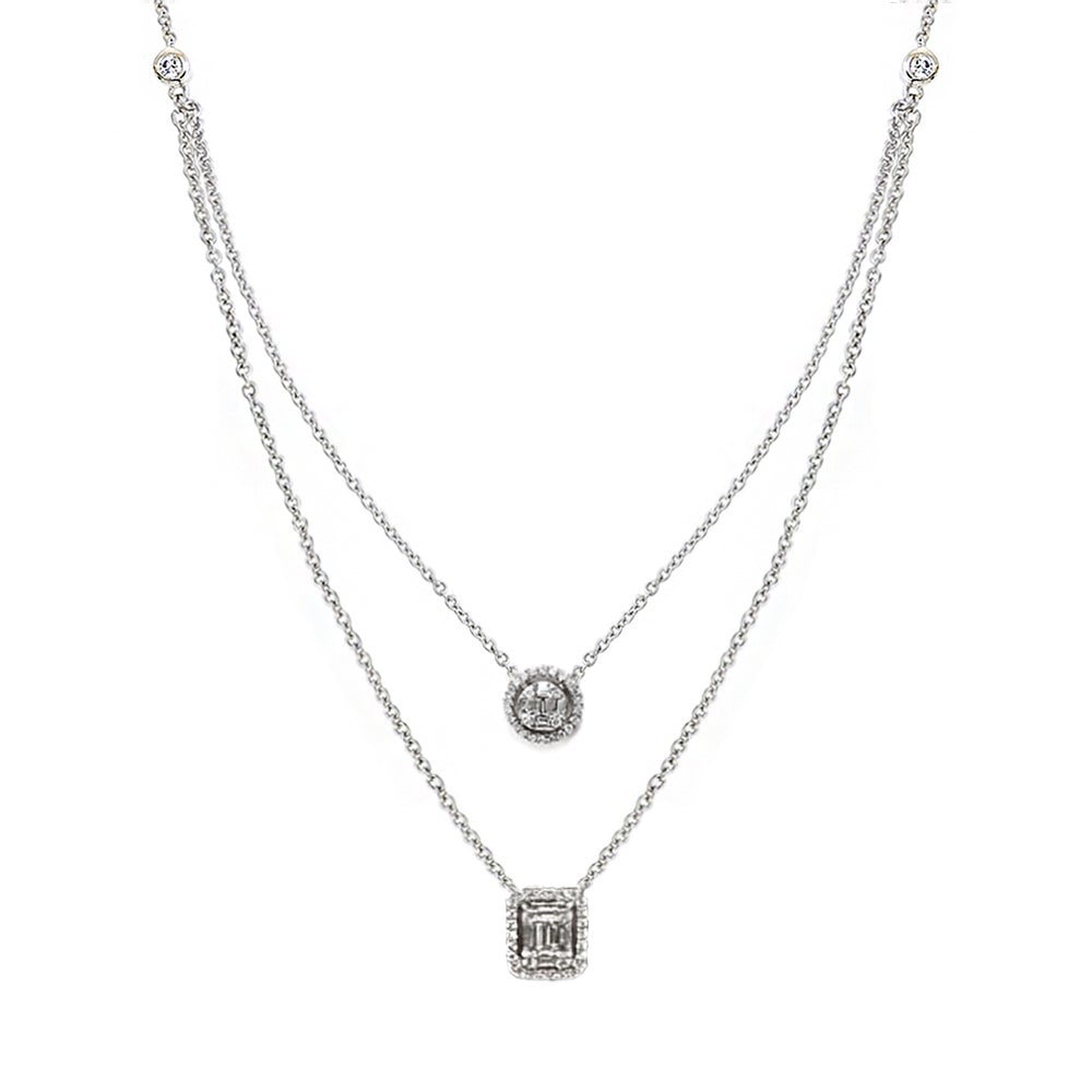 Ava Two-Layer Baguette Diamond Necklace with Round and Rectangle Elements Set in 18K White Gold - Kura Jewellery