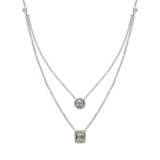 Ava Two-Layer Baguette Diamond Necklace with Round and Rectangle Elements Set in 18K White Gold - Kura Jewellery