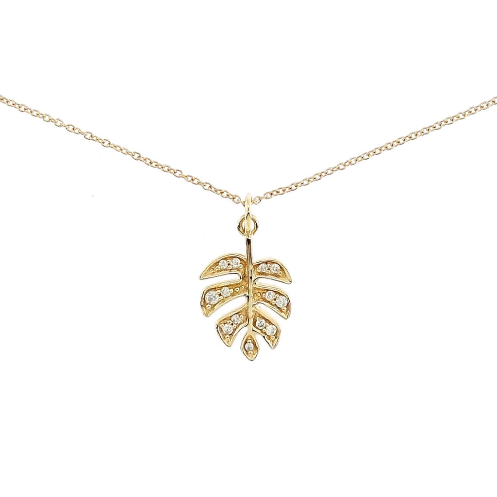 Baby Palm Leaf Pendant on Chain with Diamonds in 18K Yellow Gold - Kura Jewellery