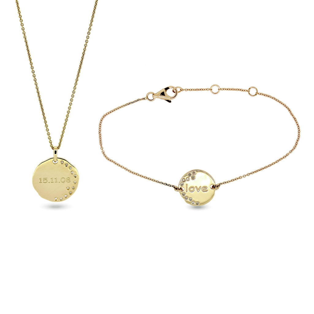 Be Engraved Disc Diamonds Pendant/Pendant on Chain & Bracelet Set in 14K Gold/18K Gold - Kura Jewellery