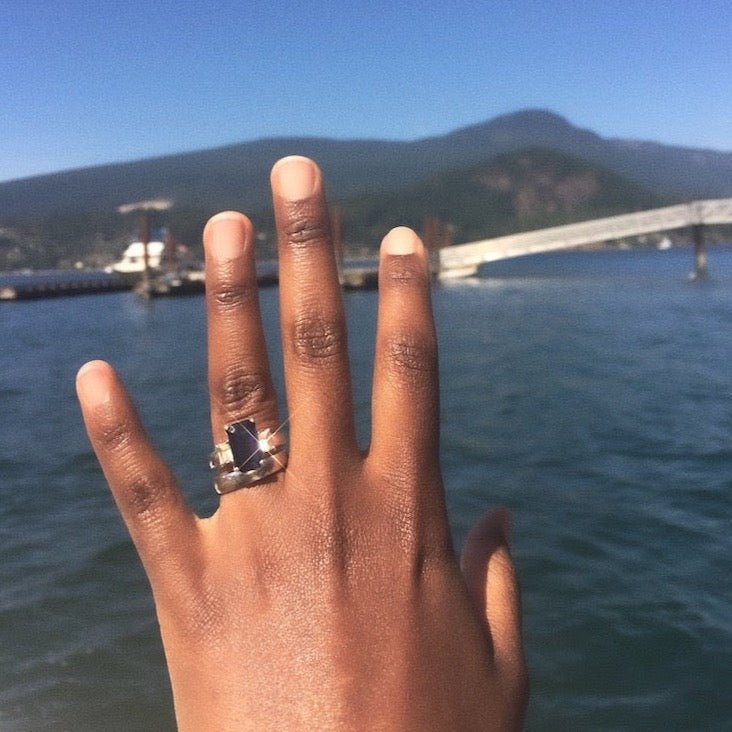 Blue Sapphire Emerald Cut Engagement Ring set in 18K White Gold - Kura Jewellery