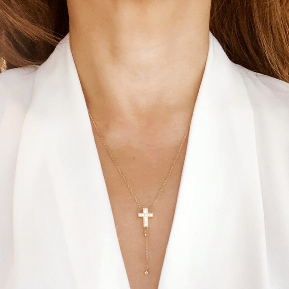 Cross with Dangling Chain Necklace in 18k Gold - Kura Jewellery