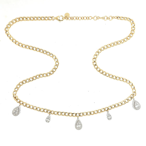 Cuban Chain Necklace with Pear Shape Baguette Diamonds Elements - Kura Jewellery