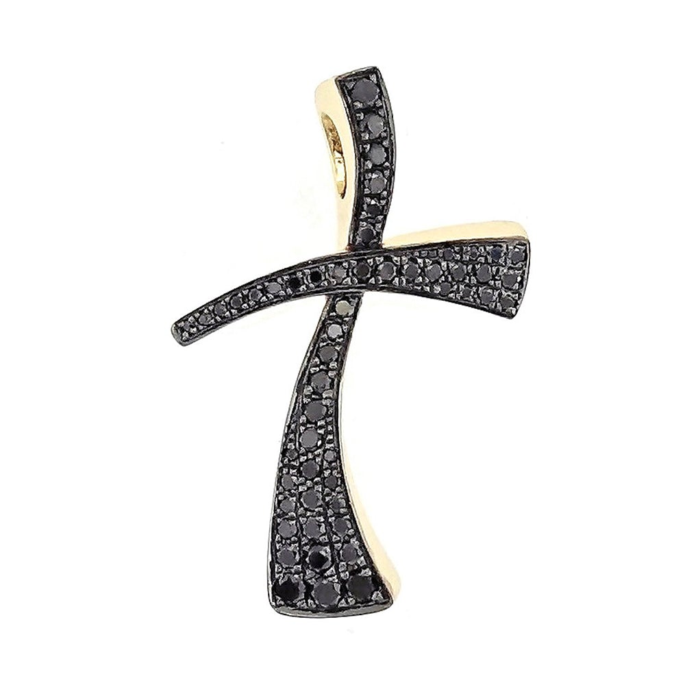 Curved Cross Black Diamonds Pendant in 18K Gold - Kura Jewellery